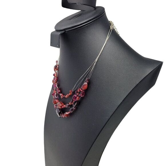 Multi Strand Necklace Maroon Burgundy Beaded Wire Illusion Choker Princess Glam - Picture 7 of 8